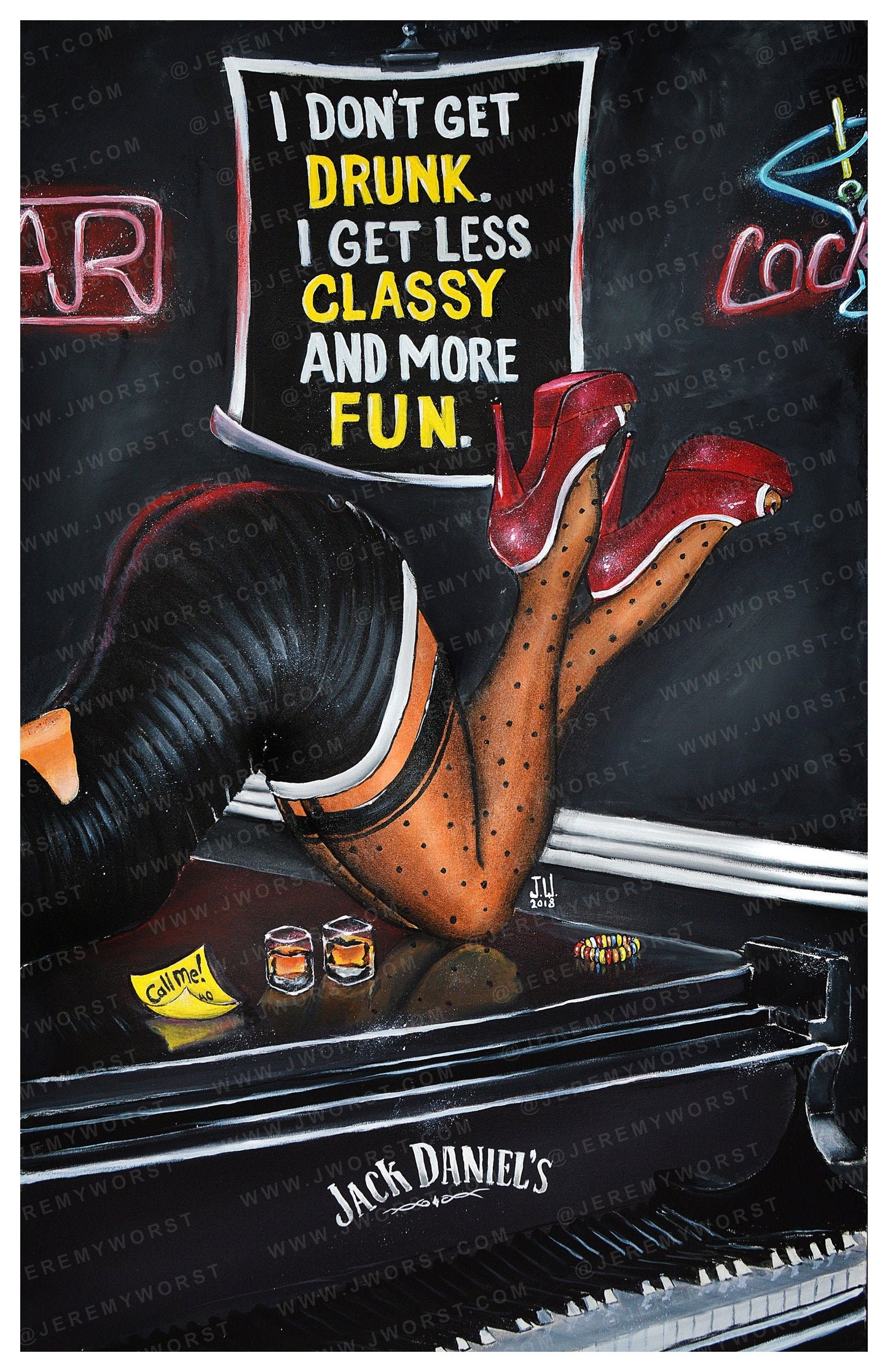 JEREMY WORST Call Me Sexy Canvas Wall Whiskey Decanter Bottle Barrel Piano Artwork Print woman NSFW Pinup gift Glass Sign