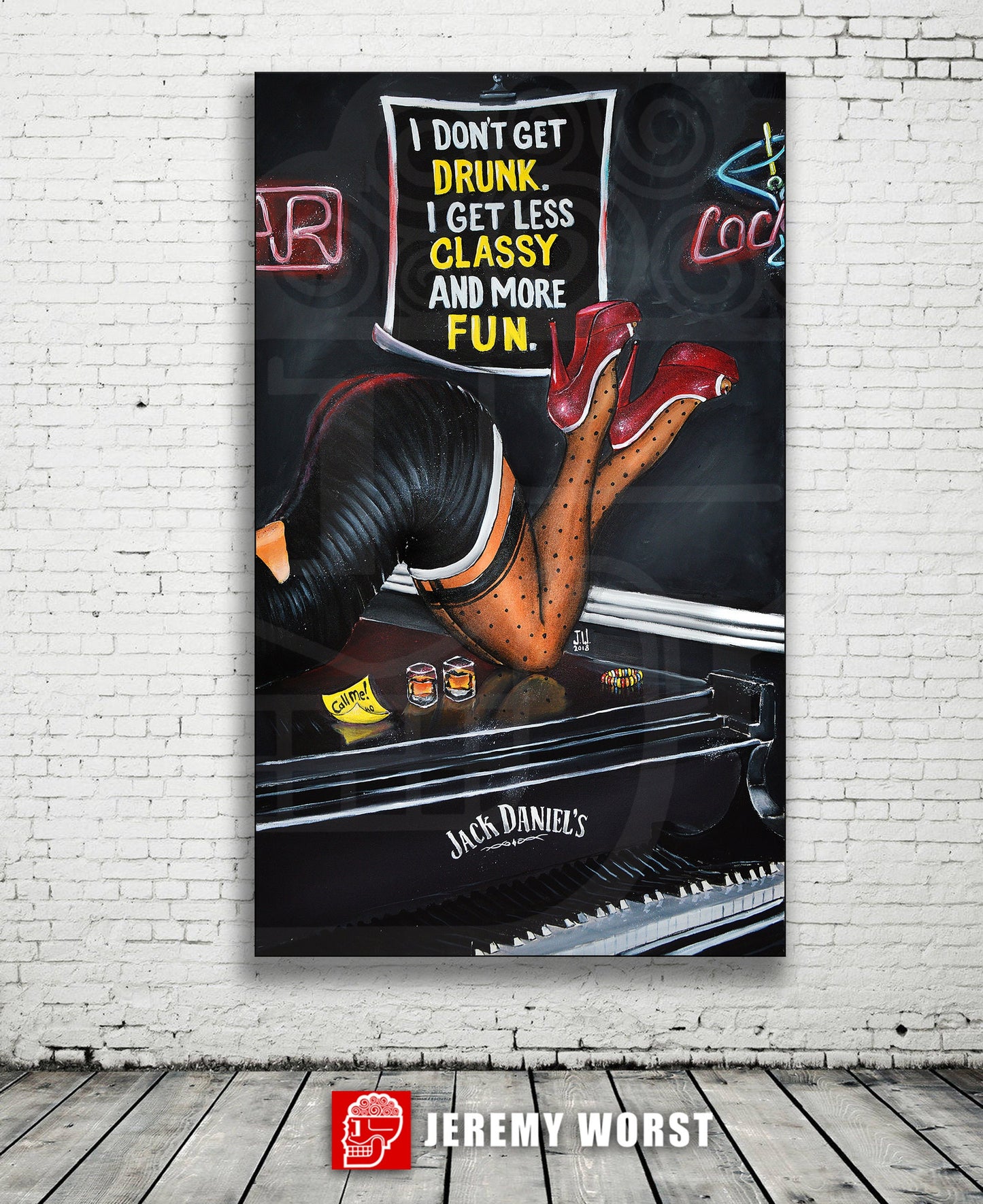 JEREMY WORST Call Me Sexy Canvas Wall Whiskey Decanter Bottle Barrel Piano Artwork Print woman NSFW Pinup gift Glass Sign