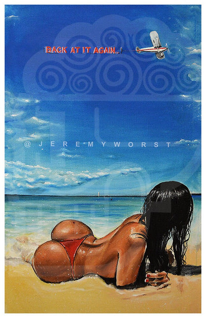 JEREMY WORST Back at it Again Artwork Signed Print poster Beach Bikini sexy red nsfw Nudes tattoo sky blue laying ocean hentai waifus  anime