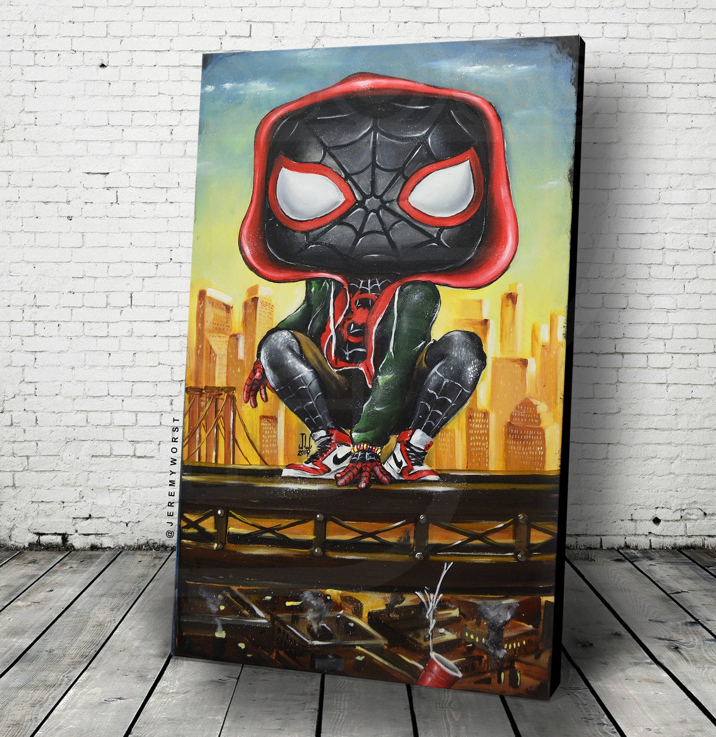 Miles Pop Morales Jeremy Worst Spiderman avengers marvel comics painting fan art graffiti city urban original funko black custom funko pop