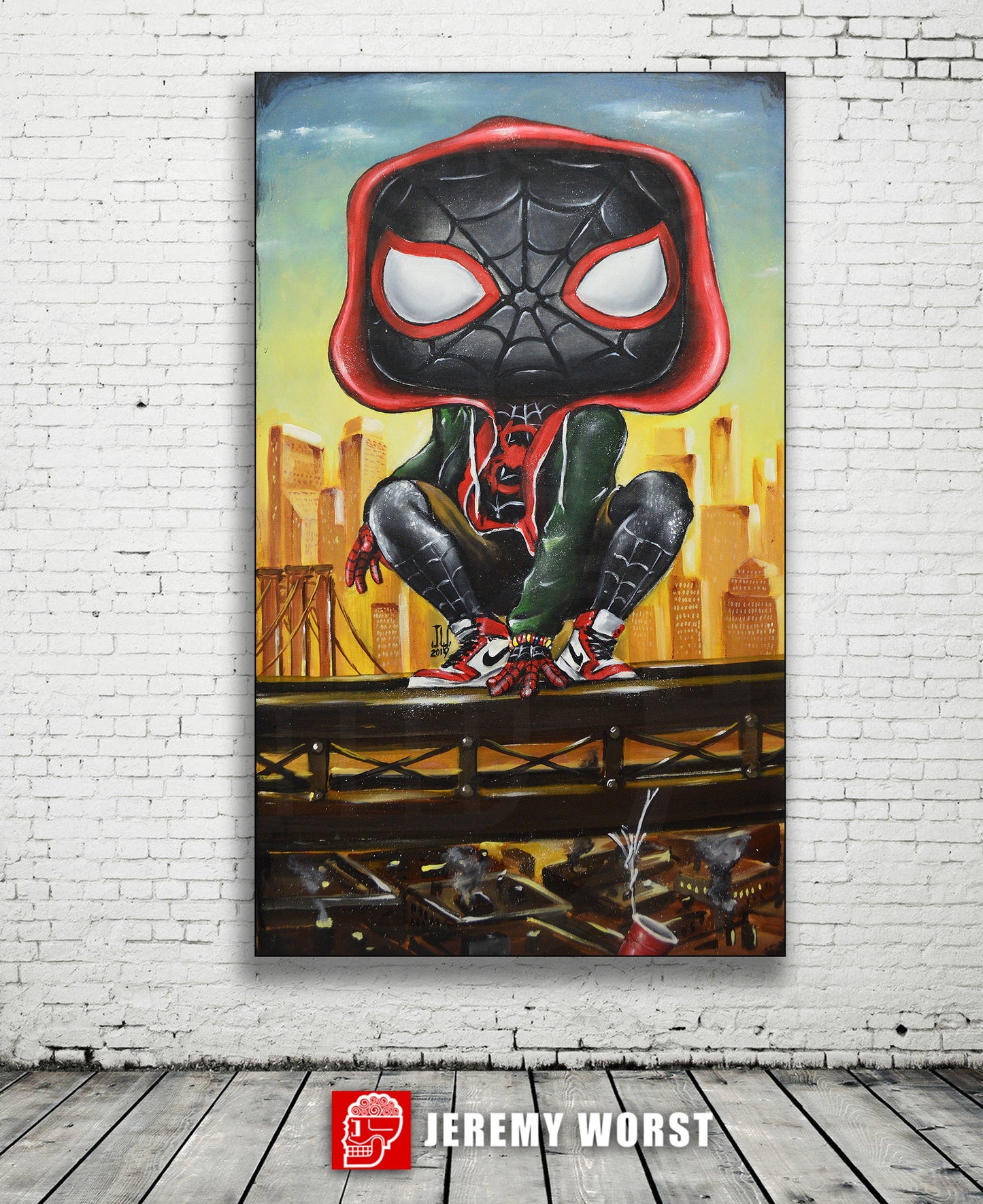 Miles Pop Morales Jeremy Worst Spiderman avengers marvel comics painting fan art graffiti city urban original funko black custom funko pop