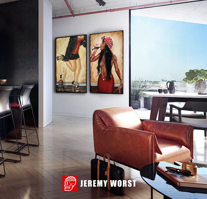 JEREMY WORST Dubstep Kitty alcohol Artwork Signed Fine art Print Las Vegas Decor sexy woman pose fashion leggings heels anime