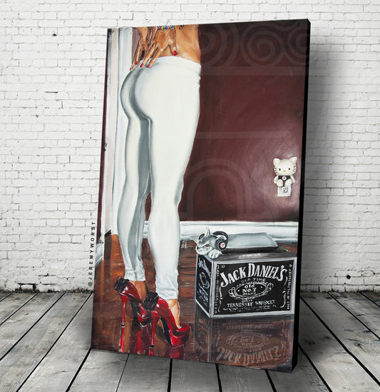 JEREMY WORST Dubstep Kitty alcohol Artwork Signed Fine art Print Las Vegas Decor sexy woman pose fashion leggings heels anime