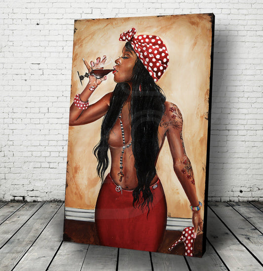 JEREMY WORST Conjure African Nubian queen Drinking wine Whiskey bourbon woman nude naked Sexy Girl Canvas wall Art NSFW urban Decor abstract