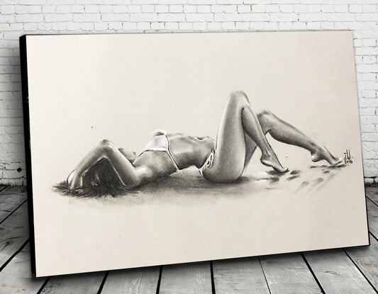 JEREMY WORST " Beach 2016" Seductive woman on beach sexy sketch model lying down laying relaxing look profile artwork wall decor wall art