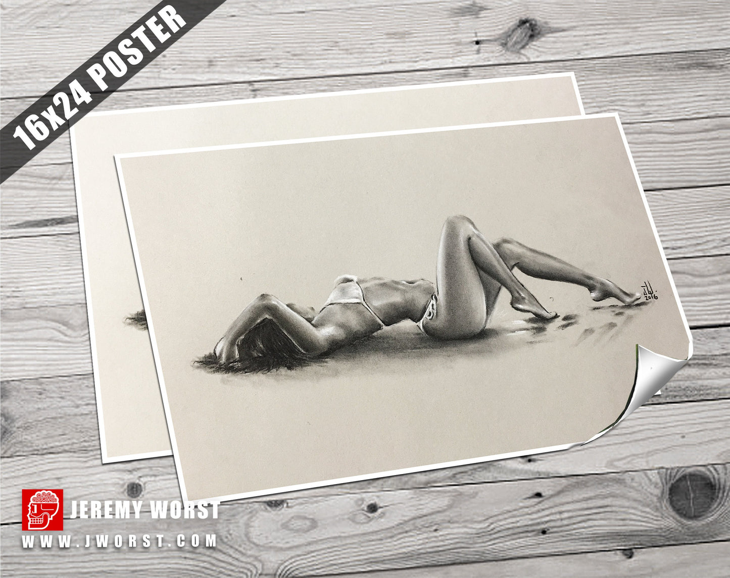 JEREMY WORST " Beach 2016" Seductive woman on beach sexy sketch model lying down laying relaxing look profile artwork wall decor wall art