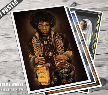 JEREMY WORST "Jimi's Jack" Hendrix Artwork Signed Canvas Wall Art Poster Print poster rare Honey Whiskey Bottle liter